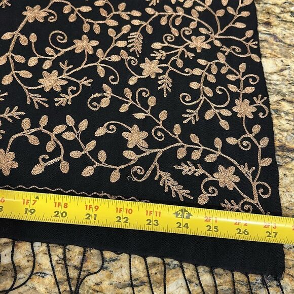 Elegant Beige Floral Embroidered Shawl In Black With Fringe - Picture 3 of 4